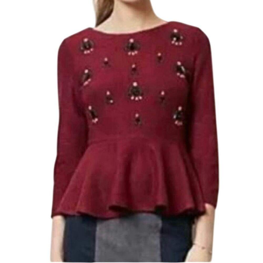 Dolce Vita‎ Anthropologie Women's Gem Peplum Top Knit Burgundy Sweater sz Lg